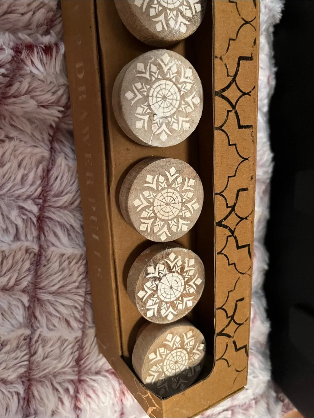 Handcrafted Wooden Drawer Knobs with White Mandala Inlay 14